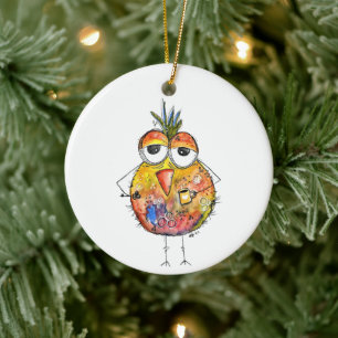 Whimsical Colourful Bird Drinking Coffee Ceramic Tree Decoration