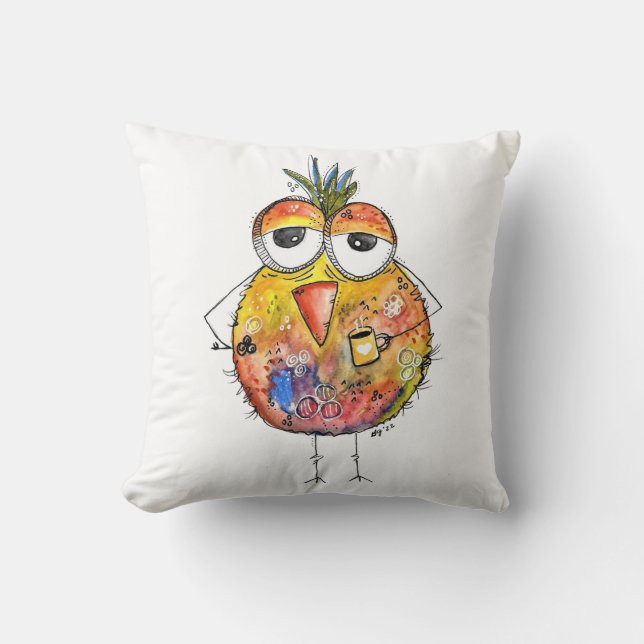 Whimsical Colourful Bird Drinking Coffee Cushion (Front)