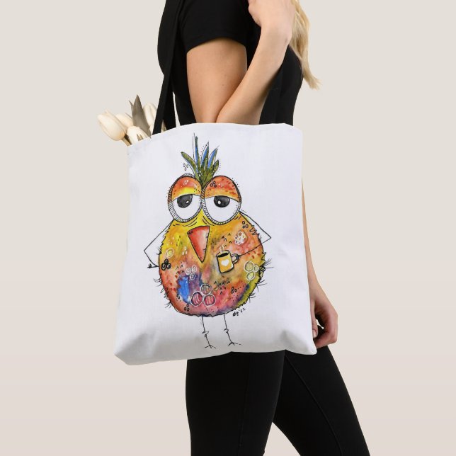Whimsical Colourful Bird Drinking Coffee Tote Bag (Close Up)