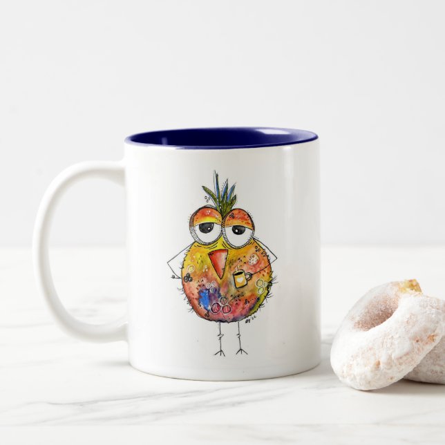 Whimsical Colourful Bird Drinking Coffee Two-Tone Coffee Mug (With Donut)