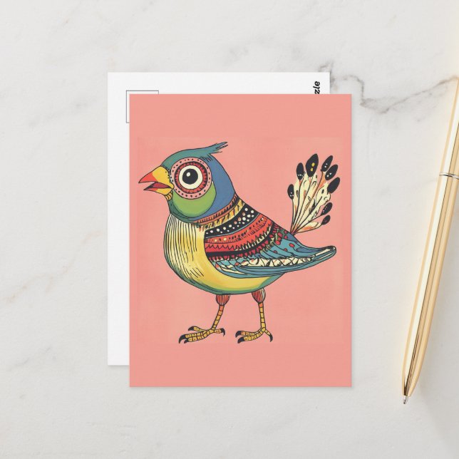 whimsical colourful bird postcard (Front/Back In Situ)