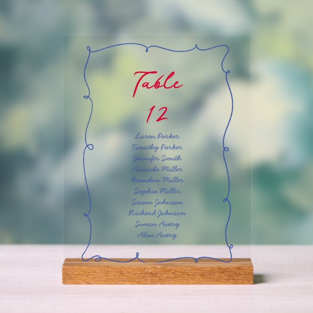 Whimsical Colourful Border Script Table Number Acrylic Sign (Neutral)