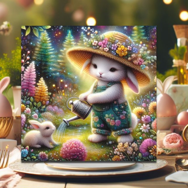  Whimsical Colourful Bunny Gardener Easter Holiday Card (Creator Uploaded)