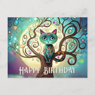 Whimsical Colourful Cat Full Moon Artwork Birthday Postcard