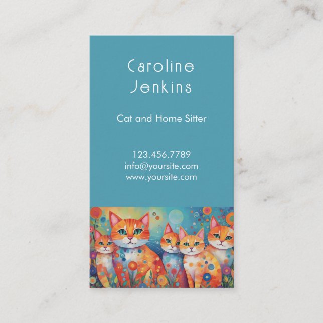 Whimsical colourful cats illustration Blue QR code Business Card (Front)