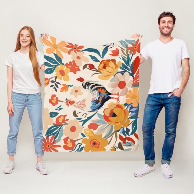 Whimsical Colourful Chicken Floral Background Fleece Blanket (In Situ)