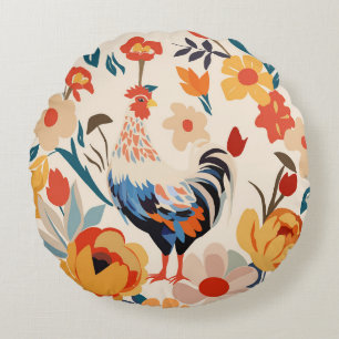 Whimsical Colourful Chicken Floral Background Round Cushion