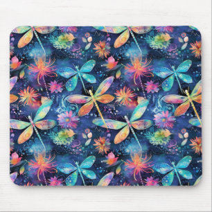 Whimsical colourful dragonfly pattern mouse mat