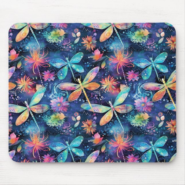 Whimsical colourful dragonfly pattern mouse mat (Front)