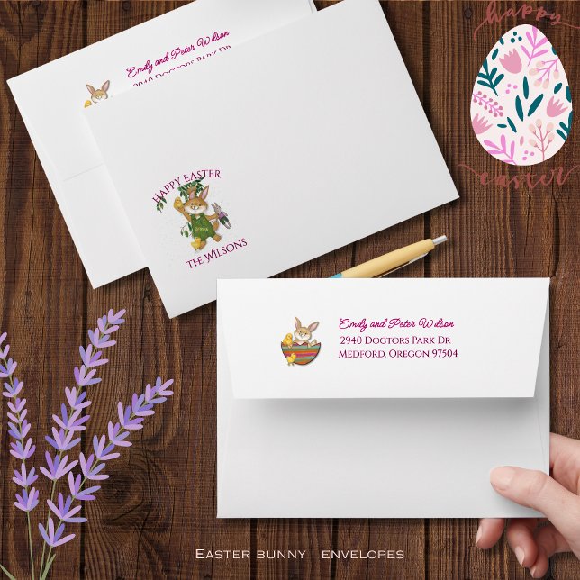 Whimsical Colourful Easter Bunny & Chickens Envelope (Cool Easter Bunny Custom Return address Envelope )