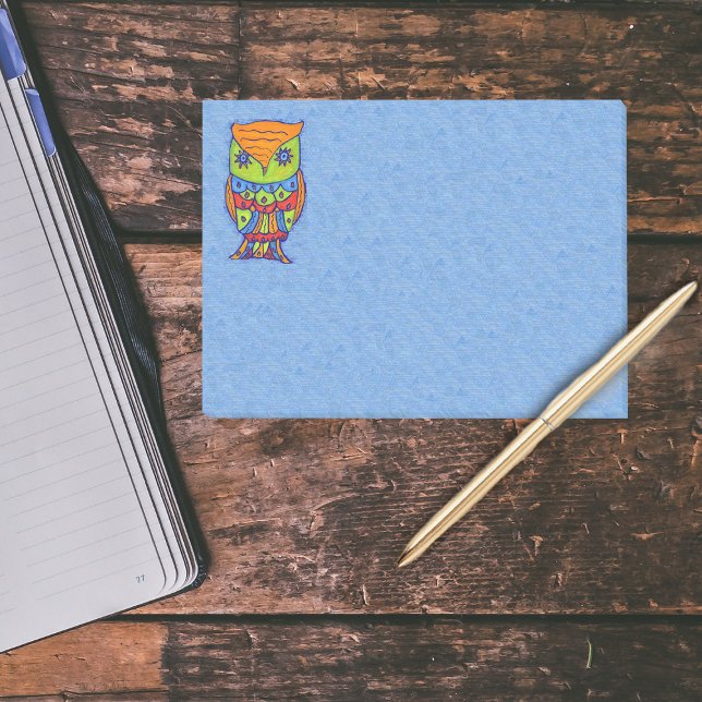 Whimsical Colourful Fantasy Owl Post-it Notes (Fantasy abstract owl in bright colours on light blue post it notes.)