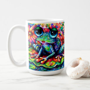 Whimsical Colourful Floral Frog on Lily Pad Coffee Mug