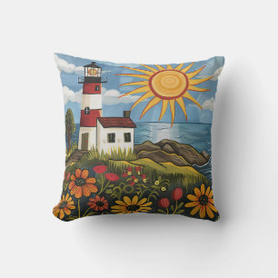 Whimsical Colourful Floral Light House Cushion