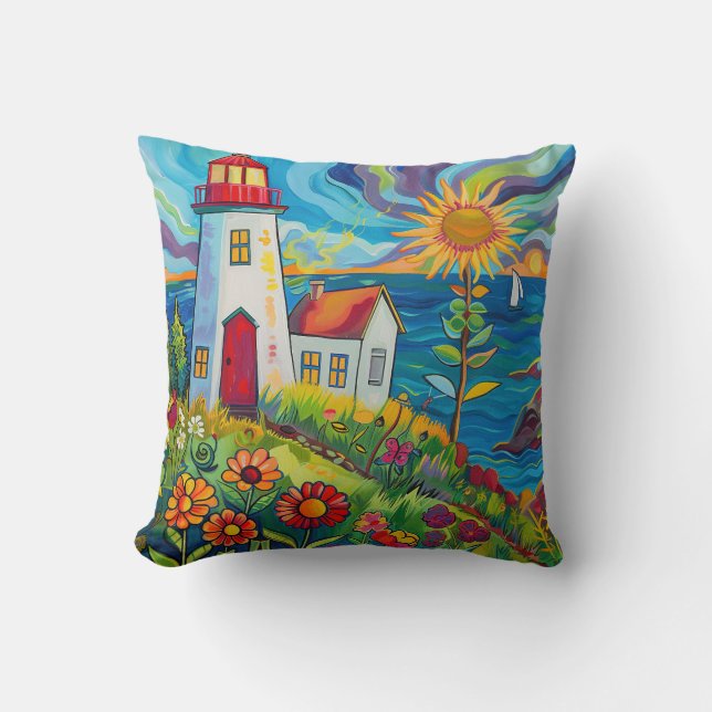 Whimsical Colourful Floral Light House Cushion (Front)