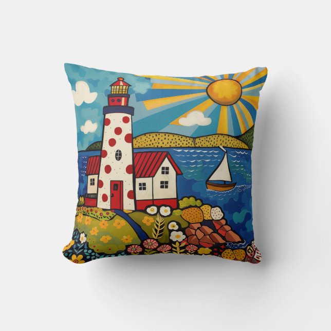 Whimsical Colourful Floral Light House Cushion (Front)