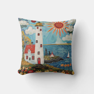 Whimsical Colourful Floral Light House Cushion