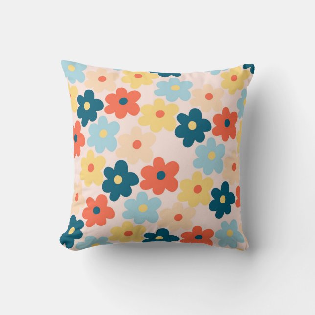 Whimsical Colourful Floral Retro, Cheerful, Preppy Cushion (Front)