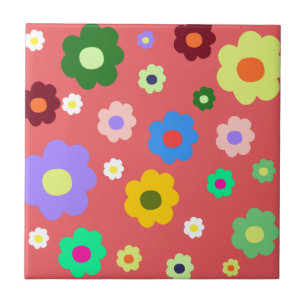 Whimsical Colourful Floral Retro, Cheerful, Preppy Tile