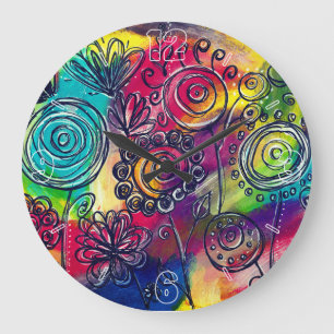 Whimsical Colourful Flower Garden Original Artwork Large Clock