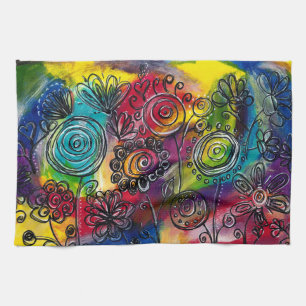 Whimsical Colourful Flower Garden Original Artwork Tea Towel