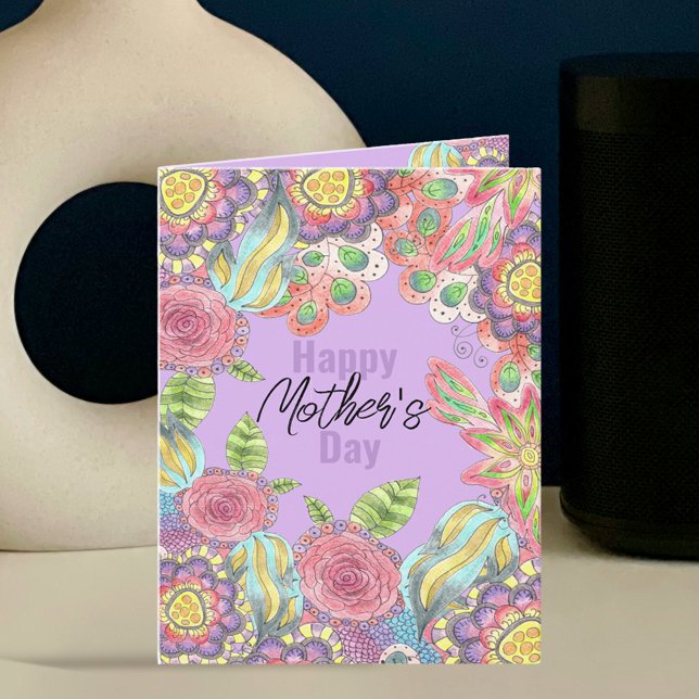 Whimsical Colourful Flowers on Purple Mother's Day Card (Creator Uploaded)