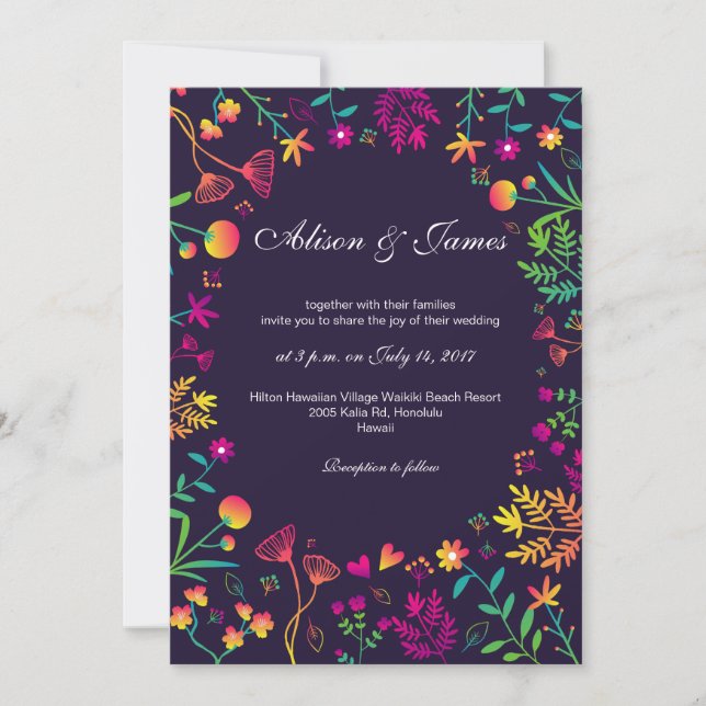 Whimsical colourful  flowers wedding invitation (Front)