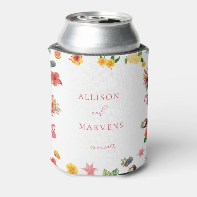 Whimsical Colourful Fun Tropical Flamingle Wedding Can Cooler (Can Back)