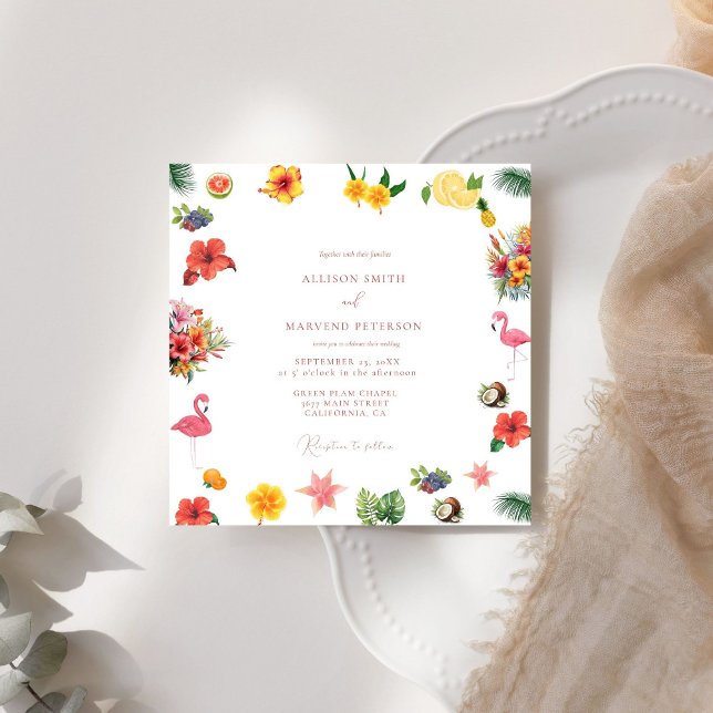 Whimsical Colourful Fun Tropical Flamingle Wedding Invitation (Creator Uploaded)