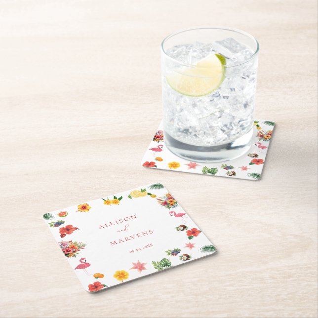 Whimsical Colourful Fun Tropical Flamingle Wedding Square Paper Coaster (Insitu)