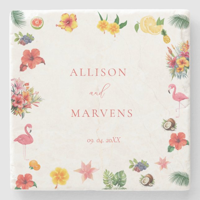 Whimsical Colourful Fun Tropical Flamingle Wedding Stone Coaster (Front)