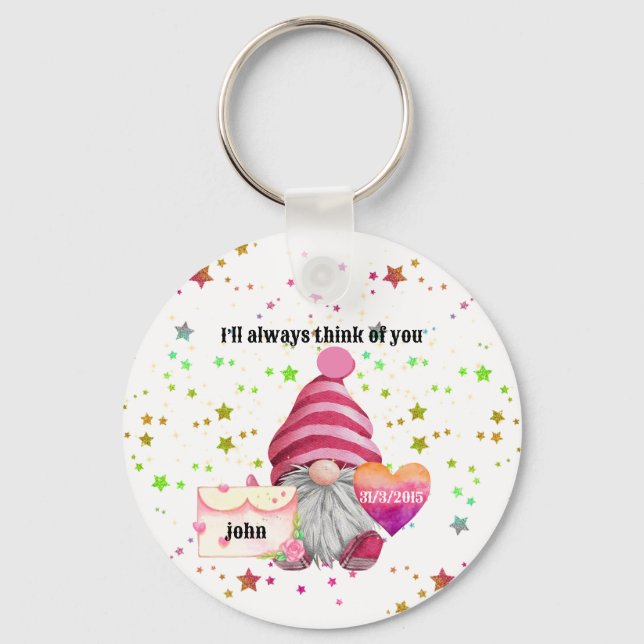 Whimsical Colourful Gnome in Love Key Ring (Front)