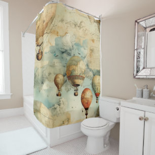 Whimsical Colourful Hot Air Balloon Map Shower Curtain