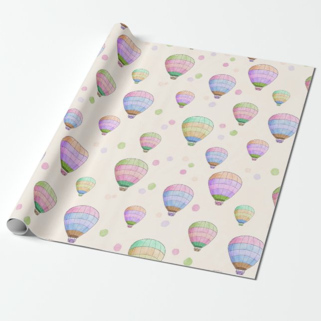 Whimsical colourful hot air balloons fun pattern wrapping paper (Unrolled)