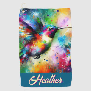 Whimsical Colourful Hummingbird Bird Personalised Golf Towel