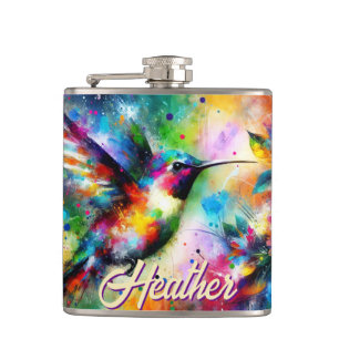Whimsical Colourful Hummingbird Bird Personalised Hip Flask