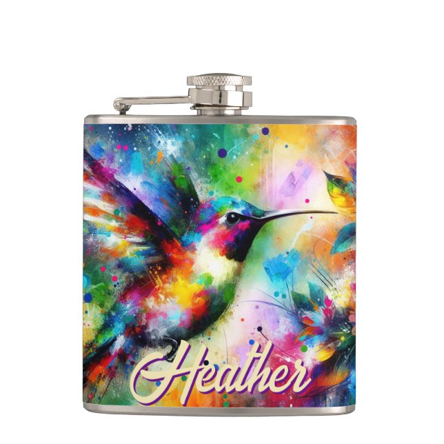 Whimsical Colourful Hummingbird Bird Personalised Hip Flask (Front)