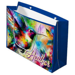 Whimsical Colourful Hummingbird Bird Personalised Large Gift Bag