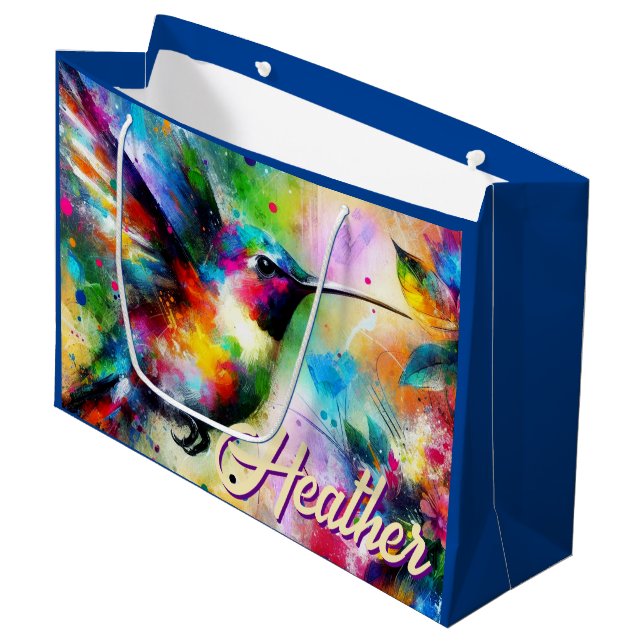 Whimsical Colourful Hummingbird Bird Personalised Large Gift Bag (Front Angled)