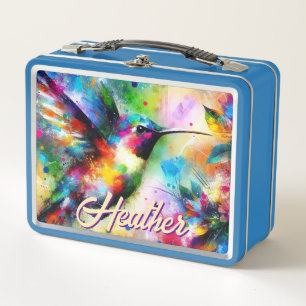 Whimsical Colourful Hummingbird Bird Personalised Metal Lunch Box