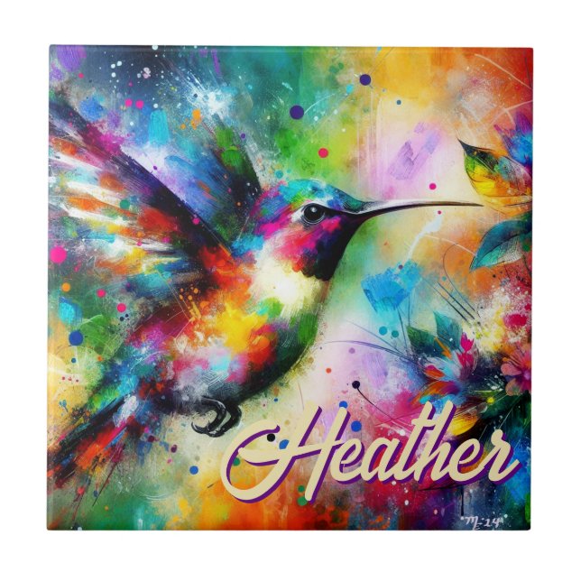 Whimsical Colourful Hummingbird Bird Personalised Tile (Front)
