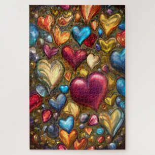 Whimsical Colourful Jewel Toned Heart Print Jigsaw Puzzle