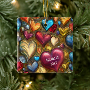 Whimsical Colourful Jewel Toned Hearts Christmas Ceramic Ornament
