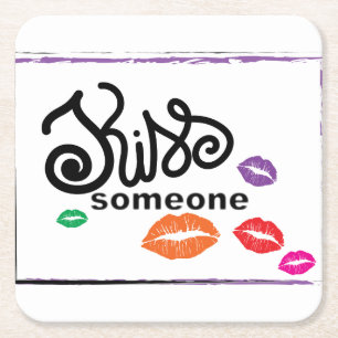 Whimsical Colourful KISSES illustration Square Paper Coaster
