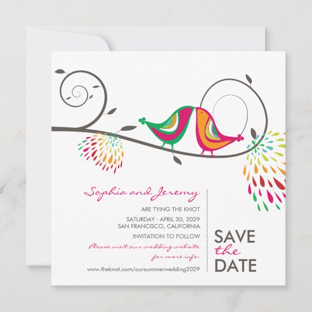 Whimsical Colourful Kissing Birds Summer Photo Save The Date (Front)