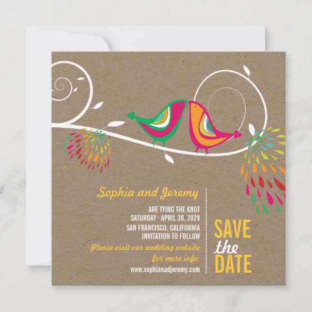 Whimsical Colourful Kissing Birds Summer Photo Save The Date (Front)