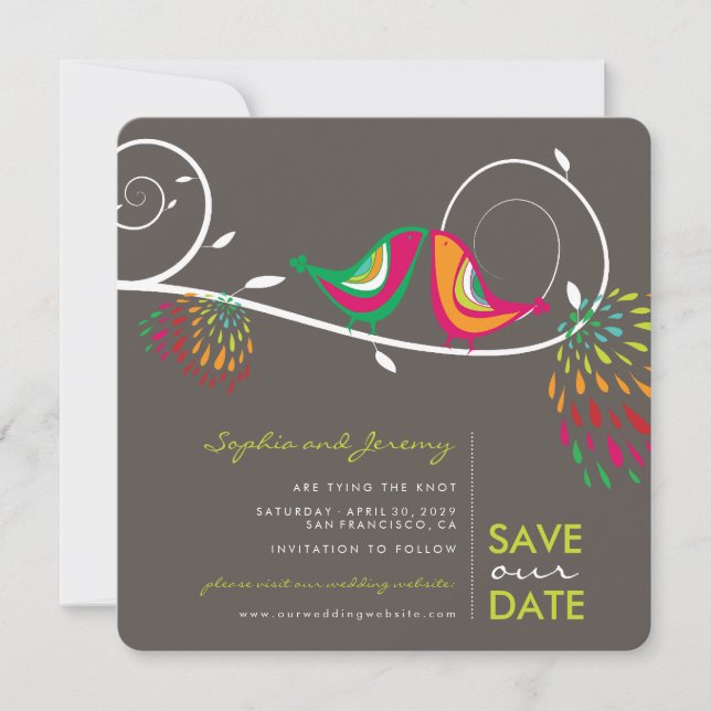 Whimsical Colourful Kissing Birds Summer Photo Save The Date (Front)