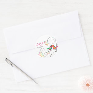 Whimsical Colourful Kissing Summer Birds Wedding Classic Round Sticker