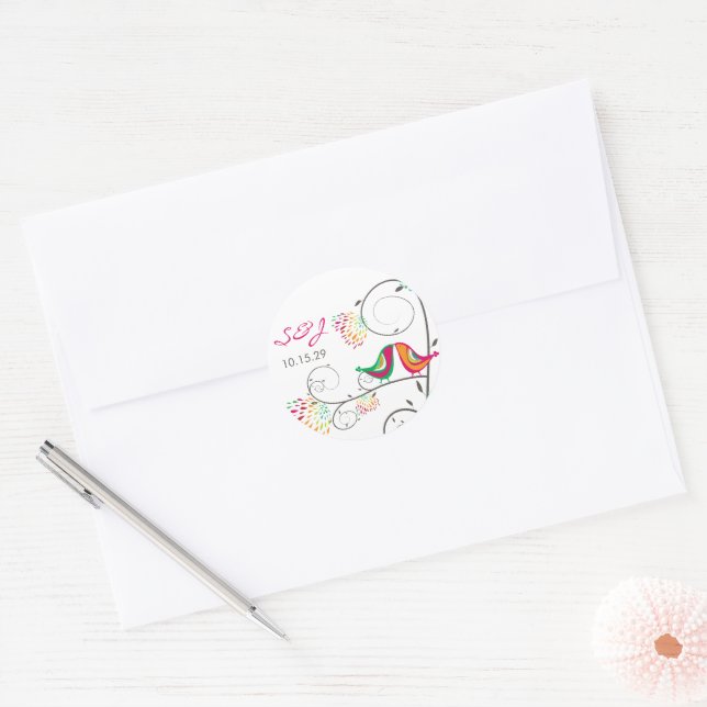 Whimsical Colourful Kissing Summer Birds Wedding Classic Round Sticker (Envelope)