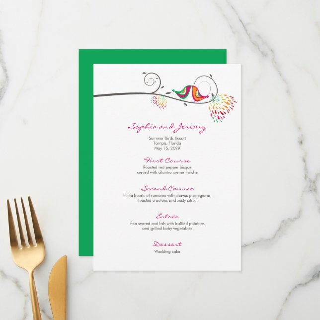 Whimsical Colourful Kissing Summer Birds Wedding Menu (Front/Back In Situ)