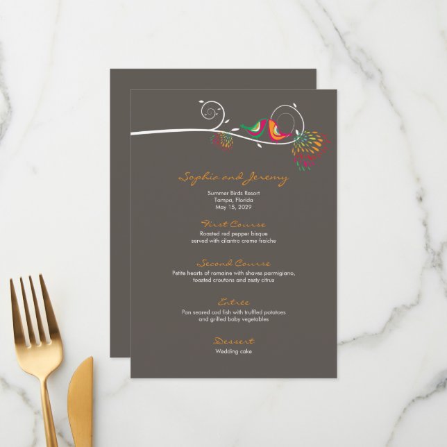 Whimsical Colourful Kissing Summer Birds Wedding Menu (Front/Back In Situ)